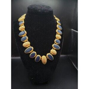 Heavy Gold tone Oval Black Enamel Long Choker Necklace